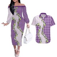 Violet Hawaii Palaka Couples Matching Off The Shoulder Long Sleeve Dress and Hawaiian Shirt Maile Pikake Honohono Orchid Lei