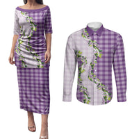 Violet Hawaii Palaka Couples Matching Puletasi and Long Sleeve Button Shirt Maile Pikake Honohono Orchid Lei LT05 Violet - Polynesian Pride