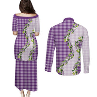 Violet Hawaii Palaka Couples Matching Puletasi and Long Sleeve Button Shirt Maile Pikake Honohono Orchid Lei