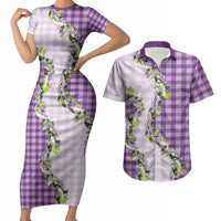 Violet Hawaii Palaka Couples Matching Short Sleeve Bodycon Dress and Hawaiian Shirt Maile Pikake Honohono Orchid Lei LT05 Violet - Polynesian Pride