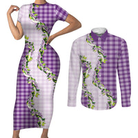 Violet Hawaii Palaka Couples Matching Short Sleeve Bodycon Dress and Long Sleeve Button Shirt Maile Pikake Honohono Orchid Lei