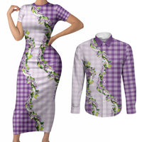Violet Hawaii Palaka Couples Matching Short Sleeve Bodycon Dress and Long Sleeve Button Shirt Maile Pikake Honohono Orchid Lei LT05 Violet - Polynesian Pride
