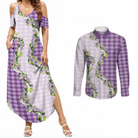 Violet Hawaii Palaka Couples Matching Summer Maxi Dress and Long Sleeve Button Shirt Maile Pikake Honohono Orchid Lei LT05 Violet - Polynesian Pride