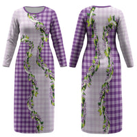 Violet Hawaii Palaka Family Matching Long Sleeve Bodycon Dress and Hawaiian Shirt Maile Pikake Honohono Orchid Lei LT05 Mom's Dress Violet - Polynesian Pride