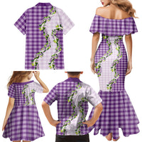 Violet Hawaii Palaka Family Matching Mermaid Dress and Hawaiian Shirt Maile Pikake Honohono Orchid Lei