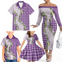 Violet Hawaii Palaka Family Matching Off The Shoulder Long Sleeve Dress and Hawaiian Shirt Maile Pikake Honohono Orchid Lei LT05 - Polynesian Pride