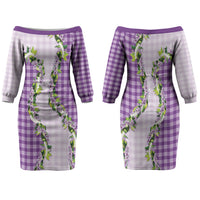 Violet Hawaii Palaka Family Matching Off The Shoulder Long Sleeve Dress and Hawaiian Shirt Maile Pikake Honohono Orchid Lei LT05 Mom's Dress Violet - Polynesian Pride