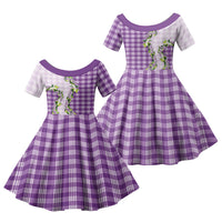 Violet Hawaii Palaka Family Matching Off The Shoulder Long Sleeve Dress and Hawaiian Shirt Maile Pikake Honohono Orchid Lei LT05 Daughter's Dress Violet - Polynesian Pride