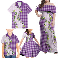 Violet Hawaii Palaka Family Matching Off Shoulder Maxi Dress and Hawaiian Shirt Maile Pikake Honohono Orchid Lei LT05 - Polynesian Pride