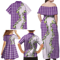Violet Hawaii Palaka Family Matching Off Shoulder Maxi Dress and Hawaiian Shirt Maile Pikake Honohono Orchid Lei LT05 Mom's Dress Violet - Polynesian Pride