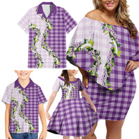 Violet Hawaii Palaka Family Matching Off Shoulder Short Dress and Hawaiian Shirt Maile Pikake Honohono Orchid Lei