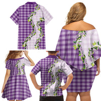 Violet Hawaii Palaka Family Matching Off Shoulder Short Dress and Hawaiian Shirt Maile Pikake Honohono Orchid Lei