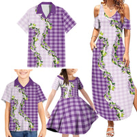 Violet Hawaii Palaka Family Matching Summer Maxi Dress and Hawaiian Shirt Maile Pikake Honohono Orchid Lei