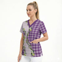 Violet Hawaii Palaka Scrub Top Maile Pikake Honohono Orchid Lei