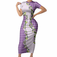Violet Hawaii Palaka Short Sleeve Bodycon Dress Maile Pikake Honohono Orchid Lei LT05 Long Dress Violet - Polynesian Pride