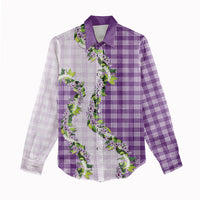 Violet Hawaii Palaka Women Casual Shirt Maile Pikake Honohono Orchid Lei