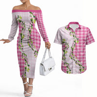Pink Hawaii Palaka Couples Matching Off The Shoulder Long Sleeve Dress and Hawaiian Shirt Maile Pikake Honohono Orchid Lei LT05 Pink - Polynesian Pride