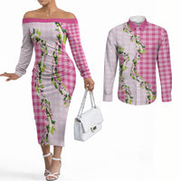 Pink Hawaii Palaka Couples Matching Off The Shoulder Long Sleeve Dress and Long Sleeve Button Shirt Maile Pikake Honohono Orchid Lei LT05 Pink - Polynesian Pride