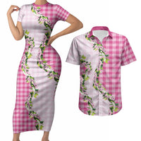 Pink Hawaii Palaka Couples Matching Short Sleeve Bodycon Dress and Hawaiian Shirt Maile Pikake Honohono Orchid Lei LT05 Pink - Polynesian Pride