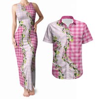 Pink Hawaii Palaka Couples Matching Tank Maxi Dress and Hawaiian Shirt Maile Pikake Honohono Orchid Lei LT05 Pink - Polynesian Pride