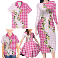 Pink Hawaii Palaka Family Matching Long Sleeve Bodycon Dress and Hawaiian Shirt Maile Pikake Honohono Orchid Lei LT05 - Polynesian Pride