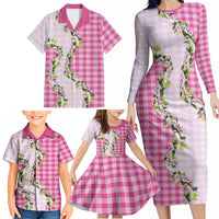 Pink Hawaii Palaka Family Matching Long Sleeve Bodycon Dress and Hawaiian Shirt Maile Pikake Honohono Orchid Lei LT05 - Polynesian Pride