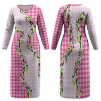 Pink Hawaii Palaka Family Matching Long Sleeve Bodycon Dress and Hawaiian Shirt Maile Pikake Honohono Orchid Lei LT05 Mom's Dress Pink - Polynesian Pride