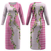 Pink Hawaii Palaka Family Matching Long Sleeve Bodycon Dress and Hawaiian Shirt Maile Pikake Honohono Orchid Lei LT05 Mom's Dress Pink - Polynesian Pride