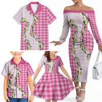 Pink Hawaii Palaka Family Matching Off The Shoulder Long Sleeve Dress and Hawaiian Shirt Maile Pikake Honohono Orchid Lei LT05 - Polynesian Pride