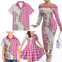 Pink Hawaii Palaka Family Matching Off The Shoulder Long Sleeve Dress and Hawaiian Shirt Maile Pikake Honohono Orchid Lei LT05 - Polynesian Pride