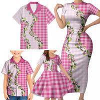 Pink Hawaii Palaka Family Matching Short Sleeve Bodycon Dress and Hawaiian Shirt Maile Pikake Honohono Orchid Lei LT05 - Polynesian Pride