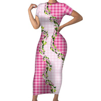 Pink Hawaii Palaka Family Matching Short Sleeve Bodycon Dress and Hawaiian Shirt Maile Pikake Honohono Orchid Lei