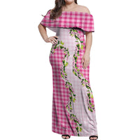 Pink Hawaii Palaka Off Shoulder Maxi Dress Maile Pikake Honohono Orchid Lei
