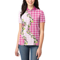 Pink Hawaii Palaka Women Polo Shirt Maile Pikake Honohono Orchid Lei