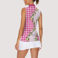 Pink Hawaii Palaka Women Sleeveless Polo Shirt Maile Pikake Honohono Orchid Lei