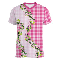 Pink Hawaii Palaka Women V-Neck T-Shirt Maile Pikake Honohono Orchid Lei