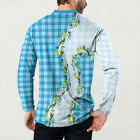 Blue Hawaii Palaka Button Sweatshirt Maile Pikake Honohono Orchid Lei LT05 - Polynesian Pride