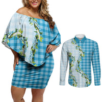 Blue Hawaii Palaka Couples Matching Off Shoulder Short Dress and Long Sleeve Button Shirt Maile Pikake Honohono Orchid Lei LT05 Blue - Polynesian Pride