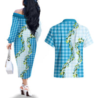 Blue Hawaii Palaka Couples Matching Off The Shoulder Long Sleeve Dress and Hawaiian Shirt Maile Pikake Honohono Orchid Lei