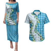 Blue Hawaii Palaka Couples Matching Puletasi and Hawaiian Shirt Maile Pikake Honohono Orchid Lei LT05 Blue - Polynesian Pride