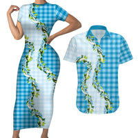 Blue Hawaii Palaka Couples Matching Short Sleeve Bodycon Dress and Hawaiian Shirt Maile Pikake Honohono Orchid Lei