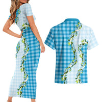 Blue Hawaii Palaka Couples Matching Short Sleeve Bodycon Dress and Hawaiian Shirt Maile Pikake Honohono Orchid Lei