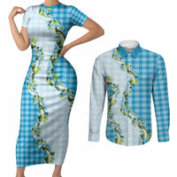 Blue Hawaii Palaka Couples Matching Short Sleeve Bodycon Dress and Long Sleeve Button Shirt Maile Pikake Honohono Orchid Lei LT05 Blue - Polynesian Pride