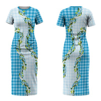 Blue Hawaii Palaka Couples Matching Short Sleeve Bodycon Dress and Long Sleeve Button Shirt Maile Pikake Honohono Orchid Lei LT05 - Polynesian Pride