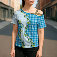 Blue Hawaii Palaka Cross Shoulder Shirt Maile Pikake Honohono Orchid Lei LT05 - Polynesian Pride