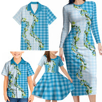Blue Hawaii Palaka Family Matching Long Sleeve Bodycon Dress and Hawaiian Shirt Maile Pikake Honohono Orchid Lei LT05 - Polynesian Pride