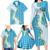 Blue Hawaii Palaka Family Matching Long Sleeve Bodycon Dress and Hawaiian Shirt Maile Pikake Honohono Orchid Lei