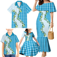 Blue Hawaii Palaka Family Matching Mermaid Dress and Hawaiian Shirt Maile Pikake Honohono Orchid Lei