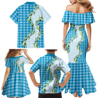 Blue Hawaii Palaka Family Matching Mermaid Dress and Hawaiian Shirt Maile Pikake Honohono Orchid Lei
