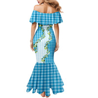 Blue Hawaii Palaka Family Matching Mermaid Dress and Hawaiian Shirt Maile Pikake Honohono Orchid Lei